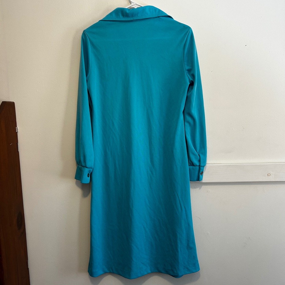 Vintage 70s Blue Dagger Collar Button Front Midi shirt-Dress Long Sleeve - Picture 7 of 7